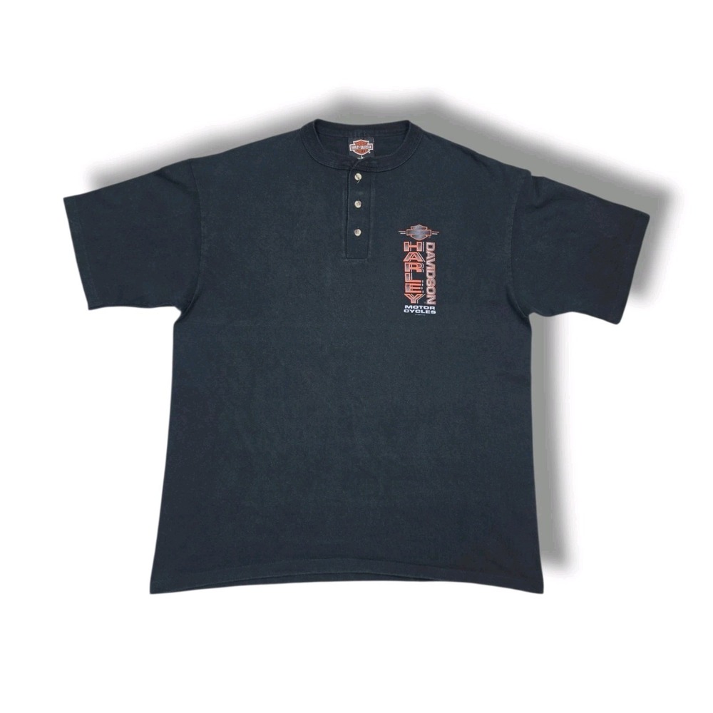 VTG Harley Davidson Glacier Park, MT Short Sleeve Black Henley Shirt Men's L USA